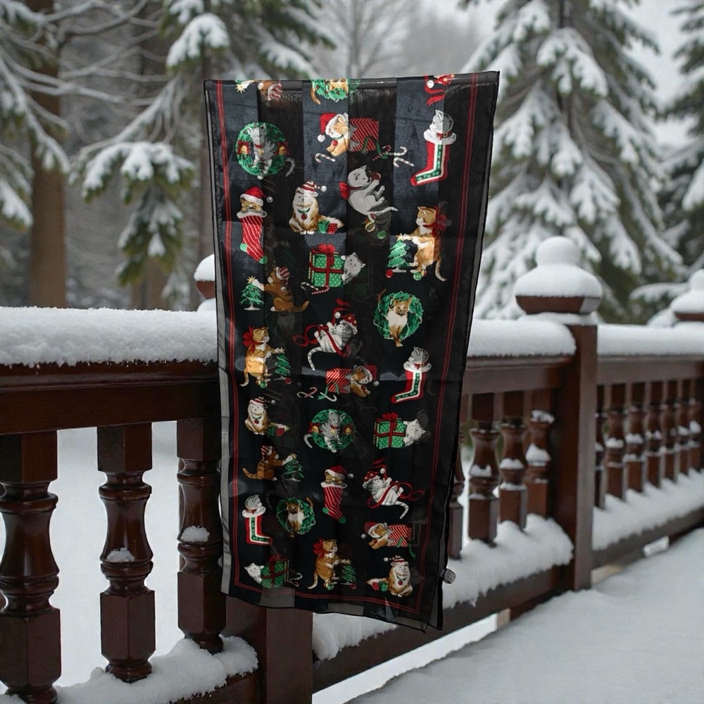 Kim Rogers Christmas Winter Scarf Black Sheer Cats Wreath Candy Cane Gifts Trees